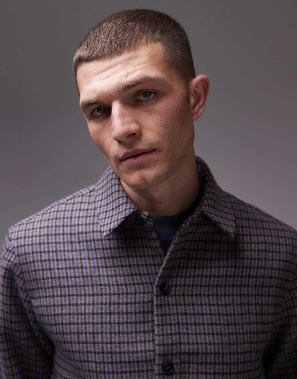 Topman long sleeve plaid overshirt in brown Product Image