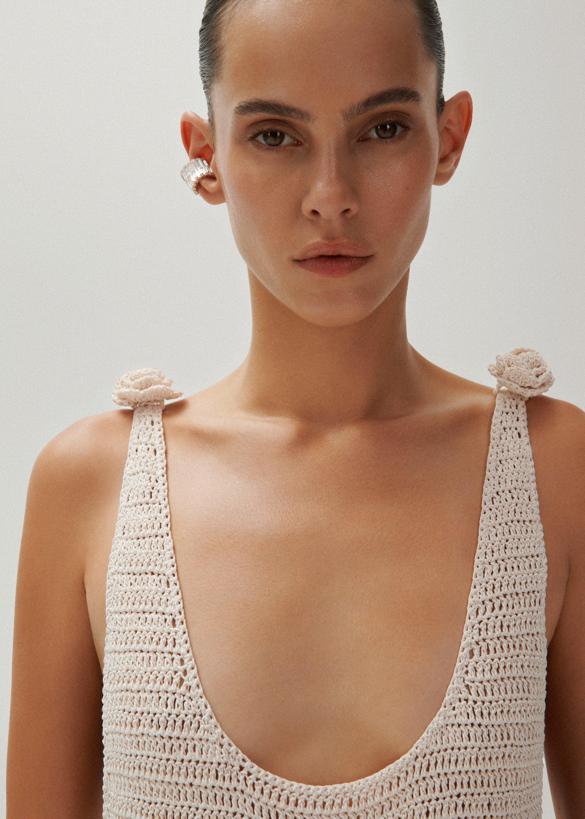 Crochet rosette bodysuit in beige Product Image