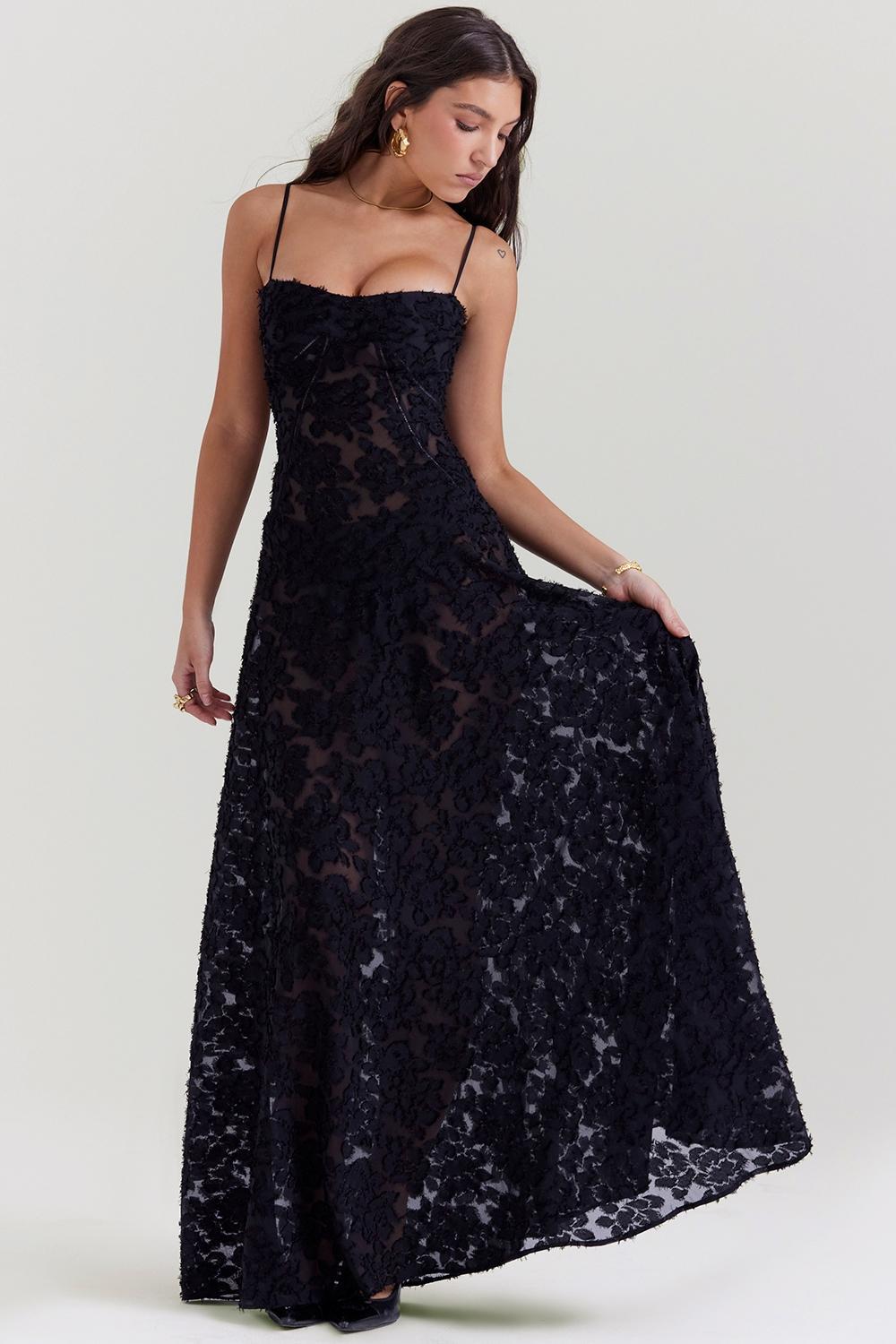 Seren Black Floral Lace Back Maxi Dress Product Image