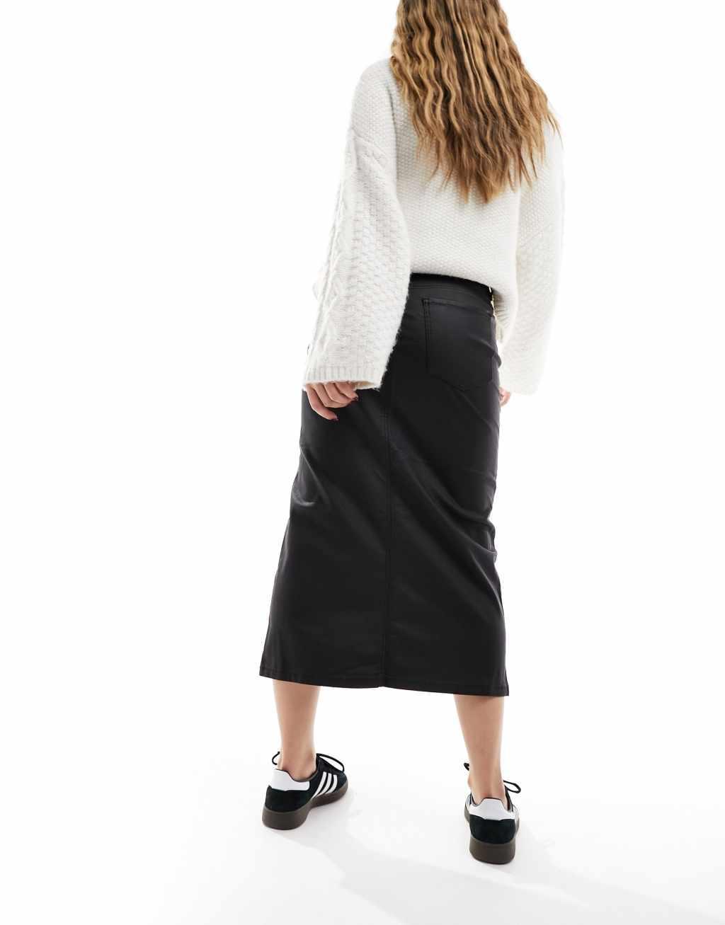 Object coated midi skirt with split front in black Product Image