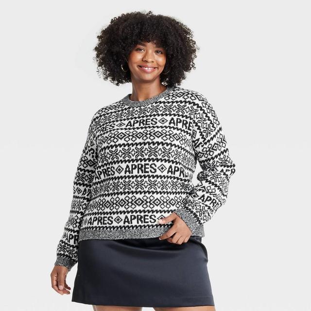 Womens Crewneck Cozy Knit Pullover Sweater - A New Day Black/Cream Fair Isle Apres 3X Product Image