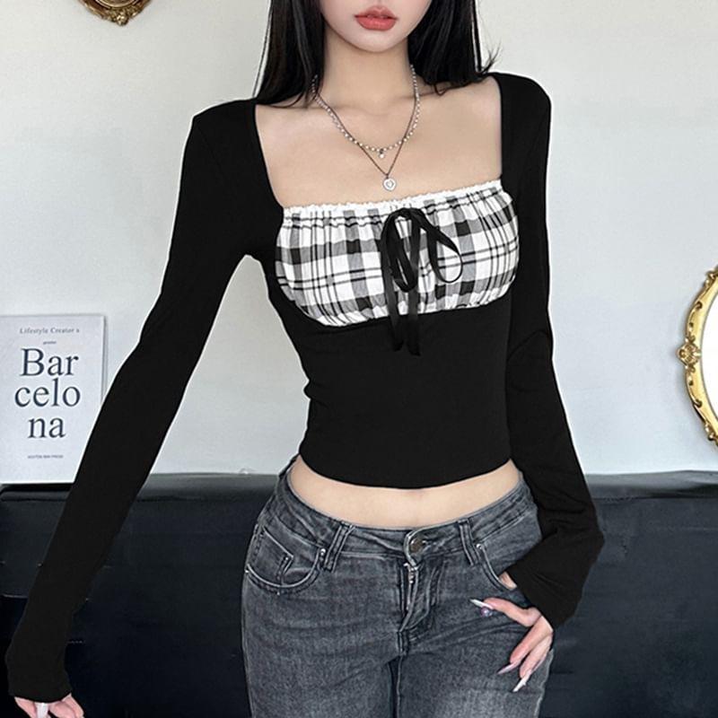 Long-Sleeve Square Neck Plaid Panel Bow Cropped Tee Product Image