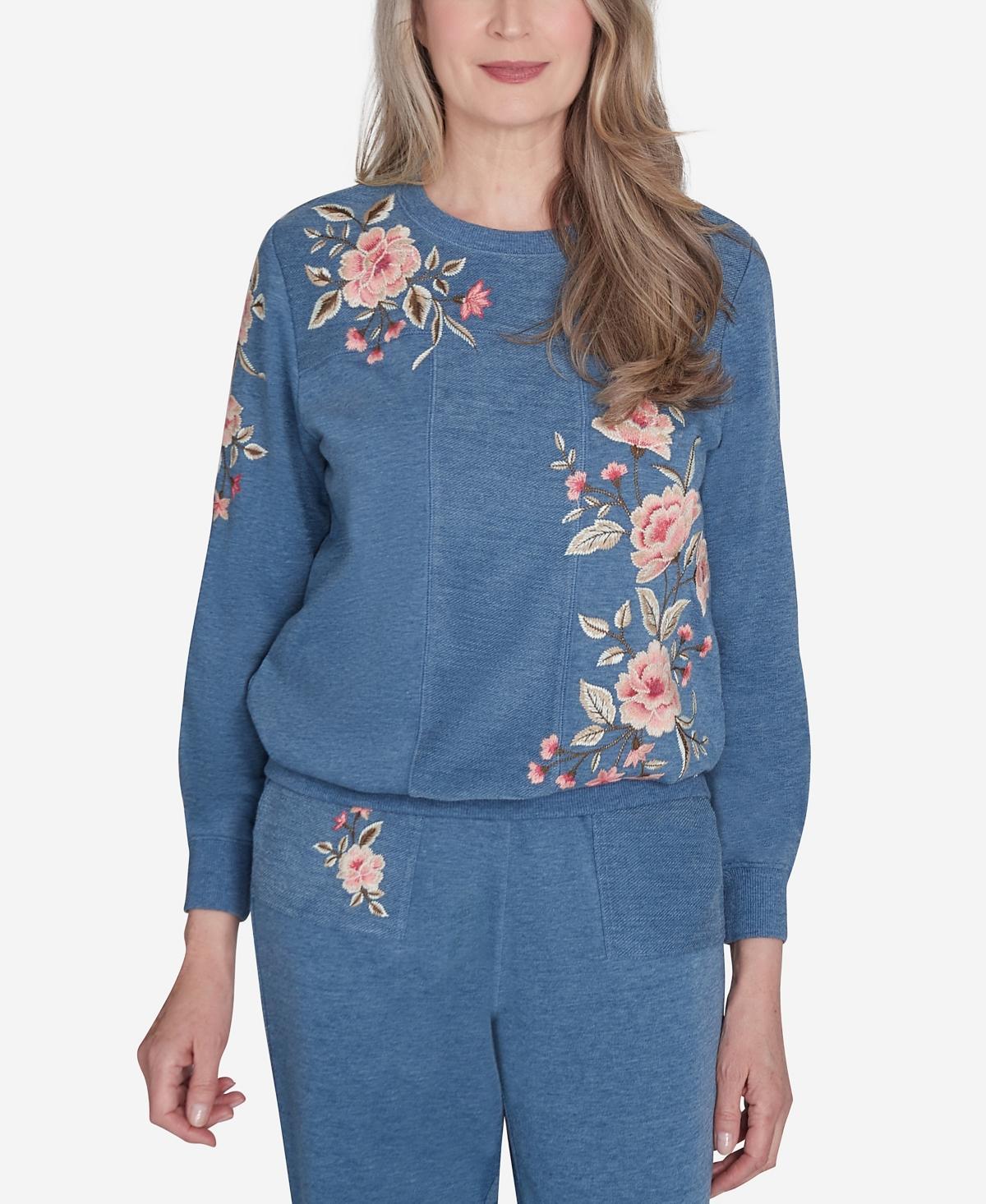 Womens Alfred Dunner Cozy Floral Embroidered Long Sleeve Top Product Image