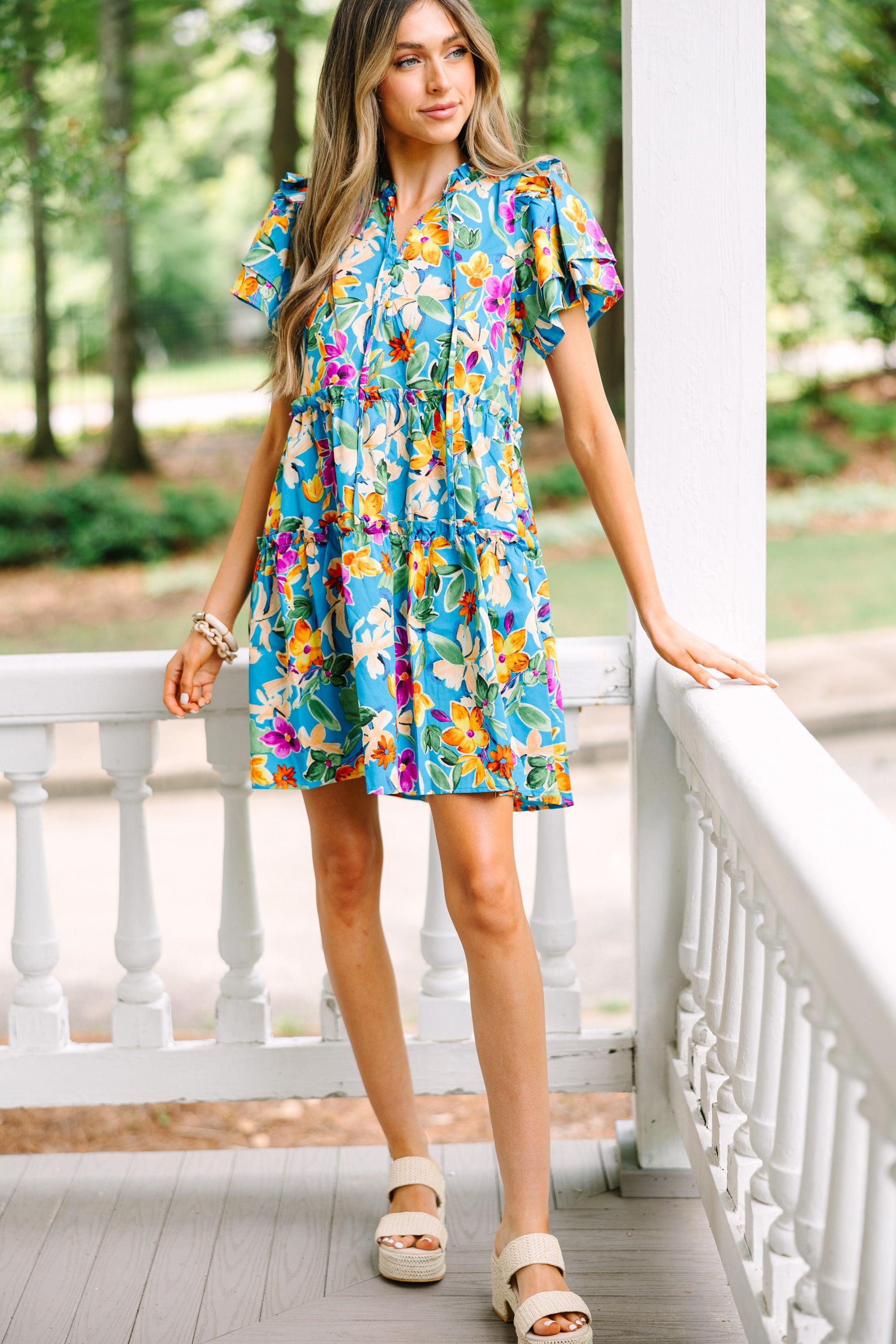 Make It Known Aqua Blue Floral Dress Female Product Image