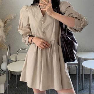 Puff-Sleeve V-Neck Plain Button-Up Mini A-Line Dress Product Image