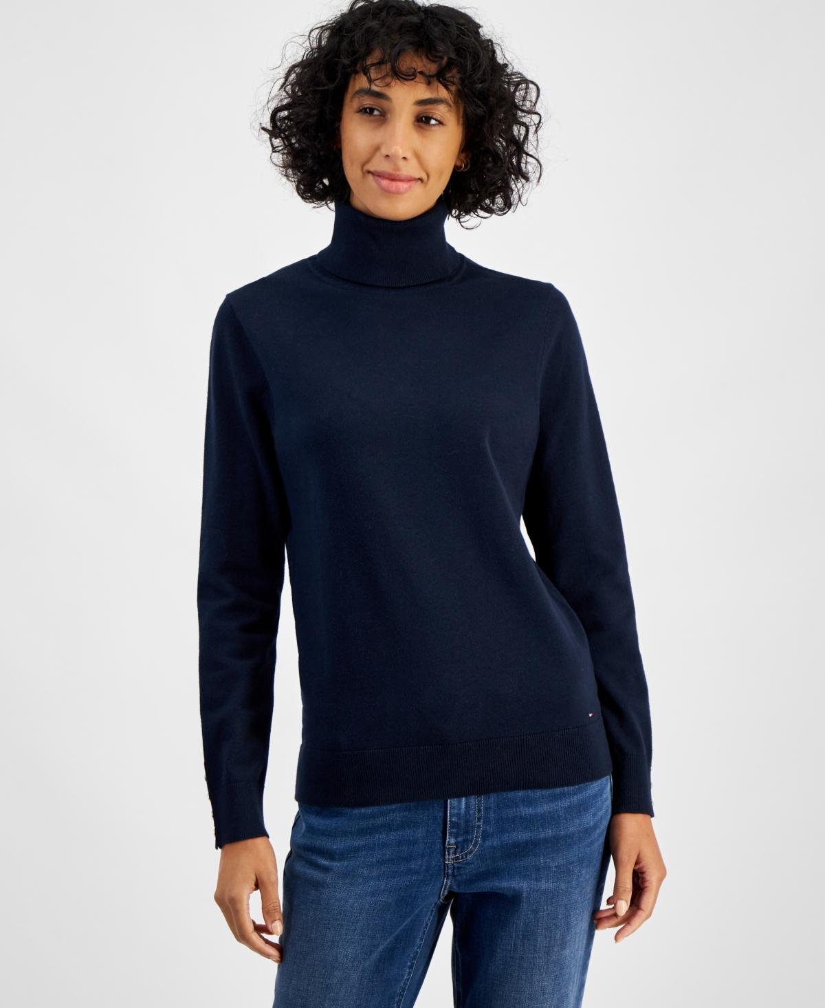 Tommy Hilfiger Womens Cotton Solid Button Cuff Turtleneck Sweater Product Image