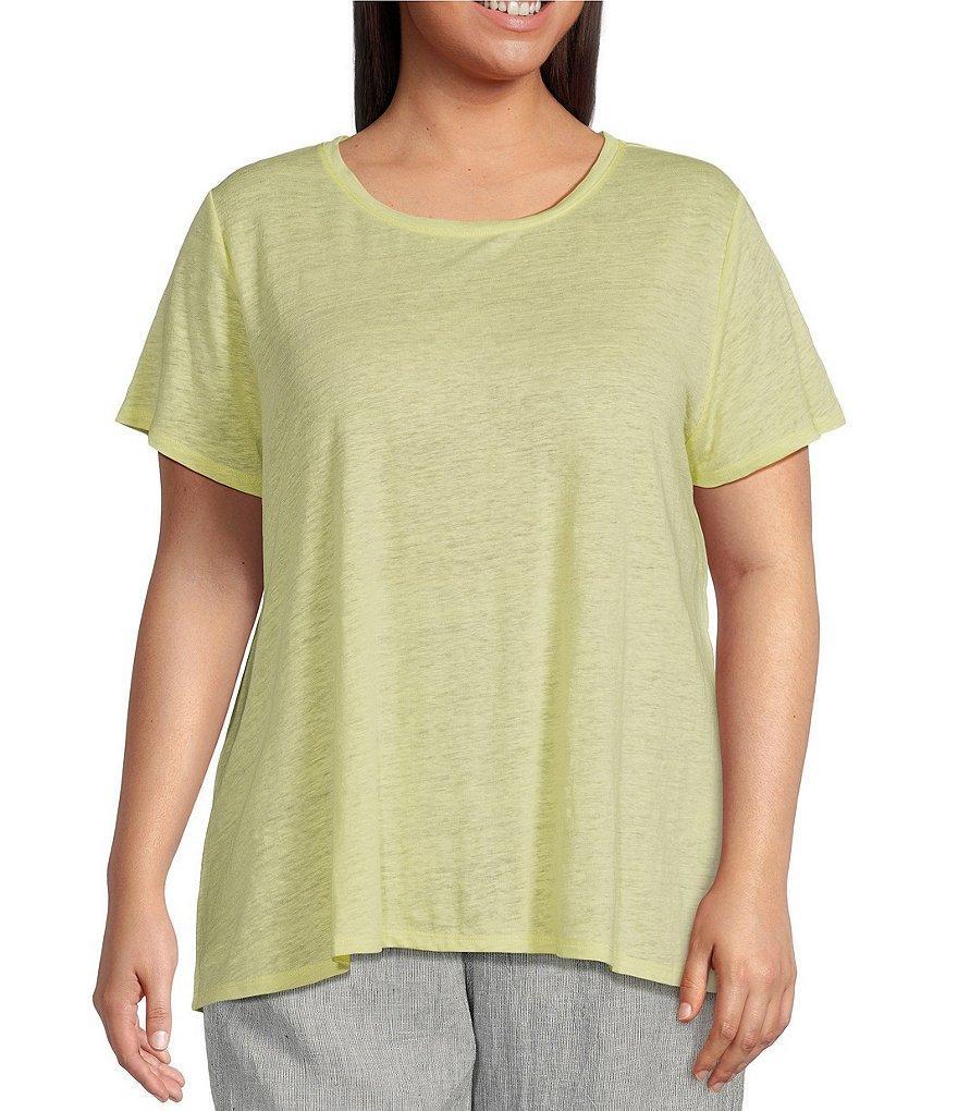 Eileen Fisher Plus Size Solid Organic Linen Jersey Crew Neck Short Sleeve Tee Product Image