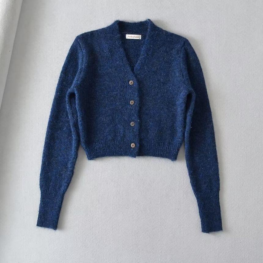 V-Neck Plain Button Cropped Cardigan Product Image