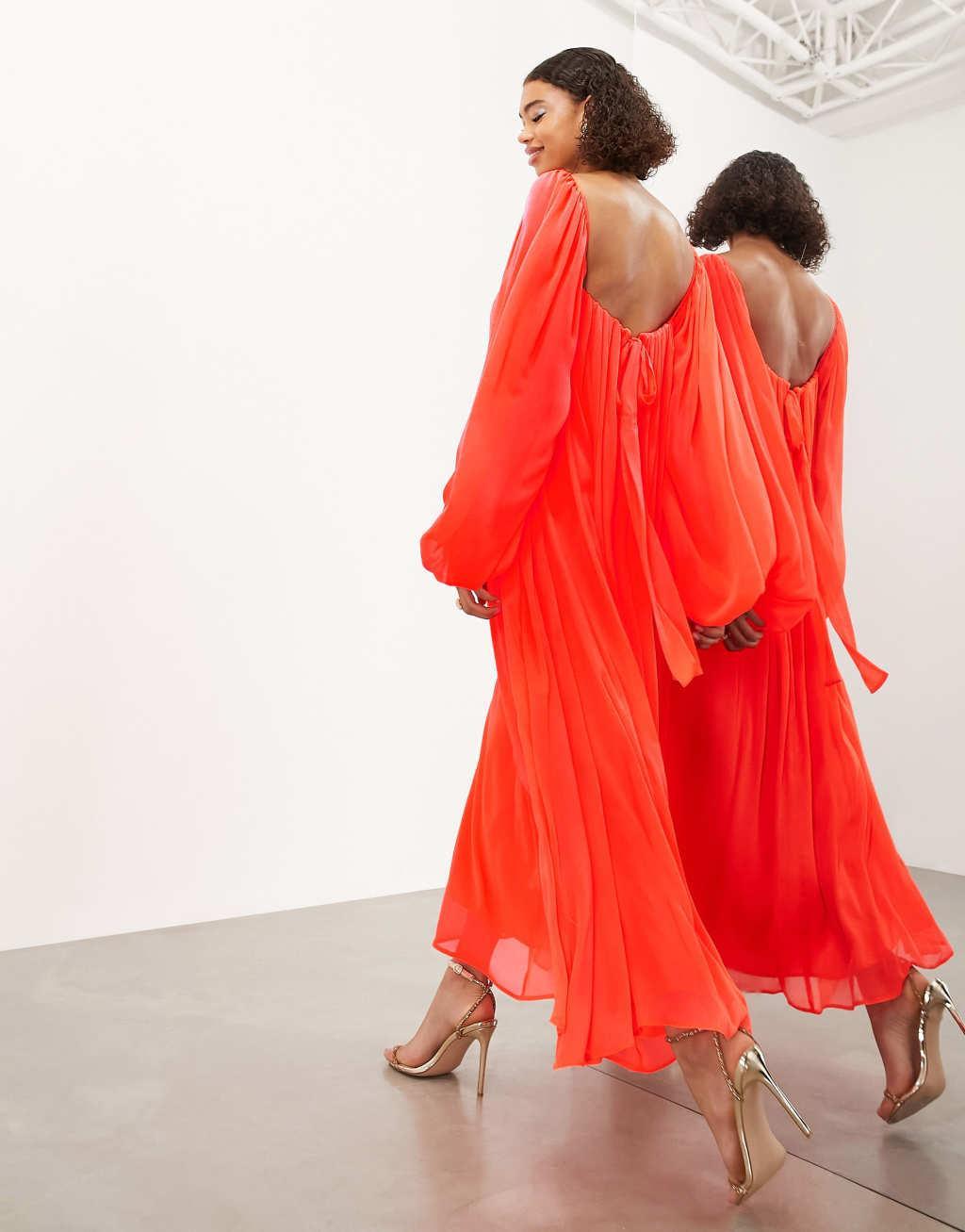 ASOS EDITION square neck chiffon maxi dress in neon coral Product Image