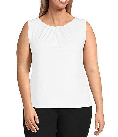 Calvin Klein Plus Size Solid Matte Jersey Pleat Round Neck Sleeveless Tank Top Product Image
