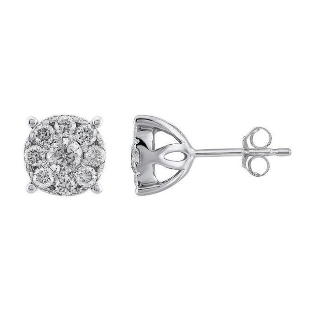 Yours and Mined 10k White Gold 1 Carat T.W. Diamond Cluster Stud Earrings, Womens Product Image