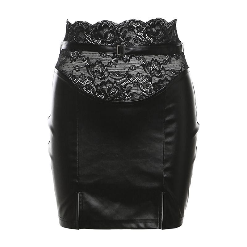 Plain Lace Panel Cropped Bustier Top / High Waist Side-Slit Mini Pencil Skirt Product Image