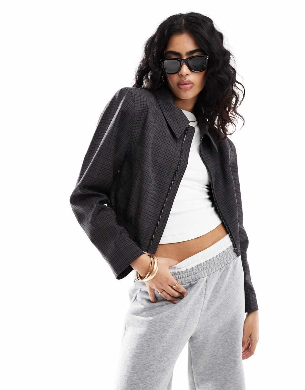 ASOS DESIGN top collar cropped bomber jacket in check Product Image