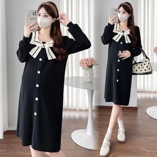 Maternity Puff-Sleeve Square Neck Plain Contrast Trim Bow Sheath Dress Product Image