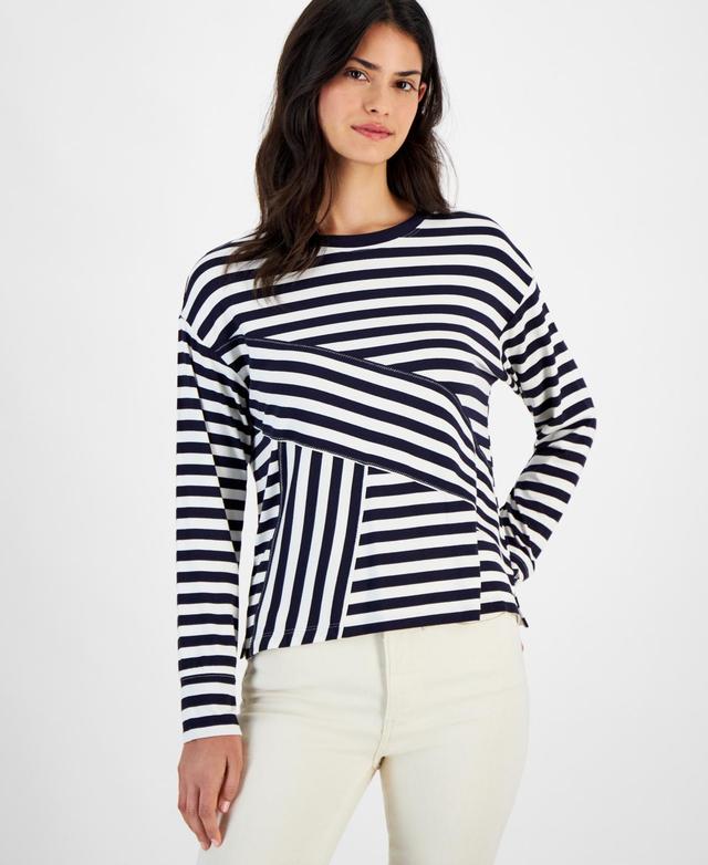 Nautica Jeans Womens Pieced Striped Long-Sleeve Top Product Image