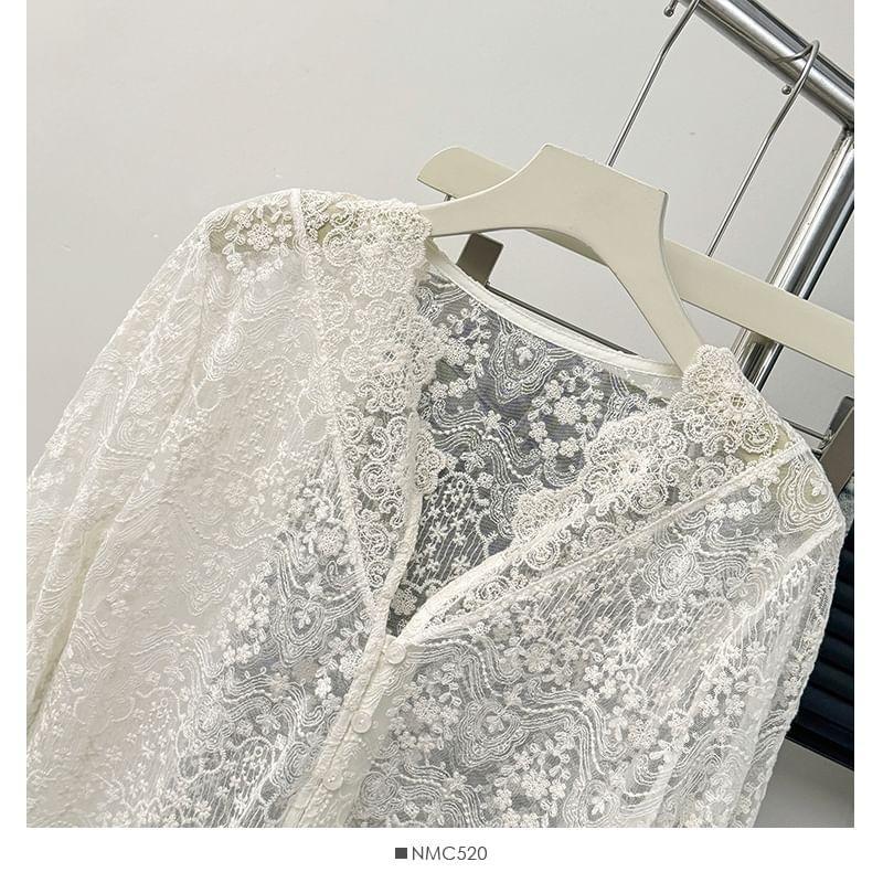 Bell-Sleeve V-Neck Sheer Lace Blouse Product Image