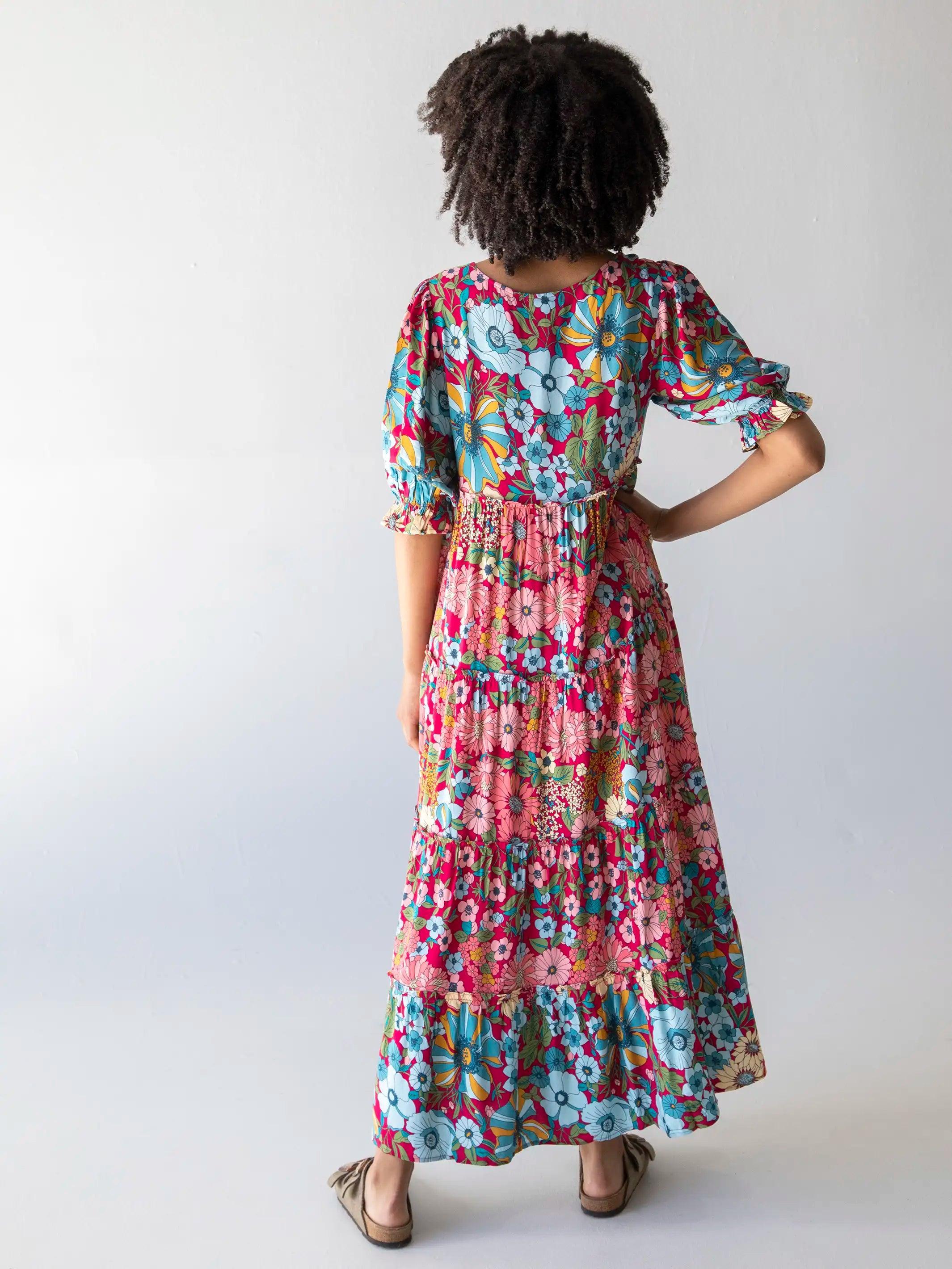 Collette Tiered Maxi Dress - Blue Red Floral Product Image