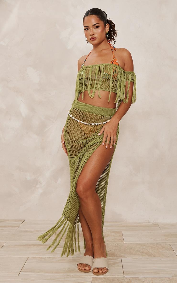 Olive Crochet Open Knit Bardot Tassel Top Product Image