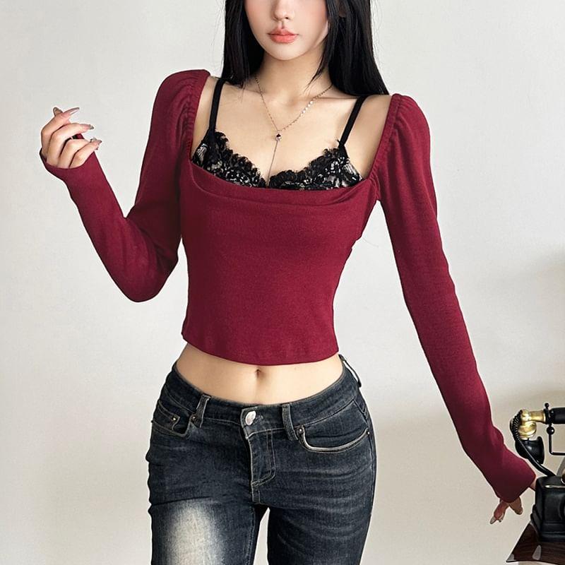 Long Sleeve Mock Two Piece Square-Neck Lace Panel Slim-Fit Crop Top Product Image