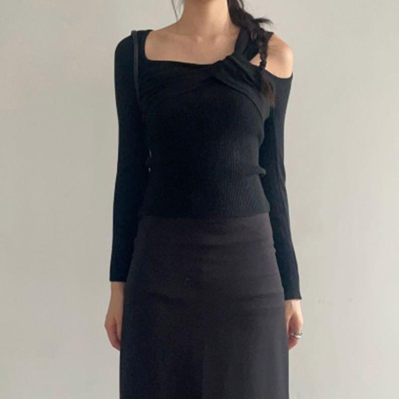 Long Sleeve Asymmetrical Neck Ribbed Knit Top Product Image