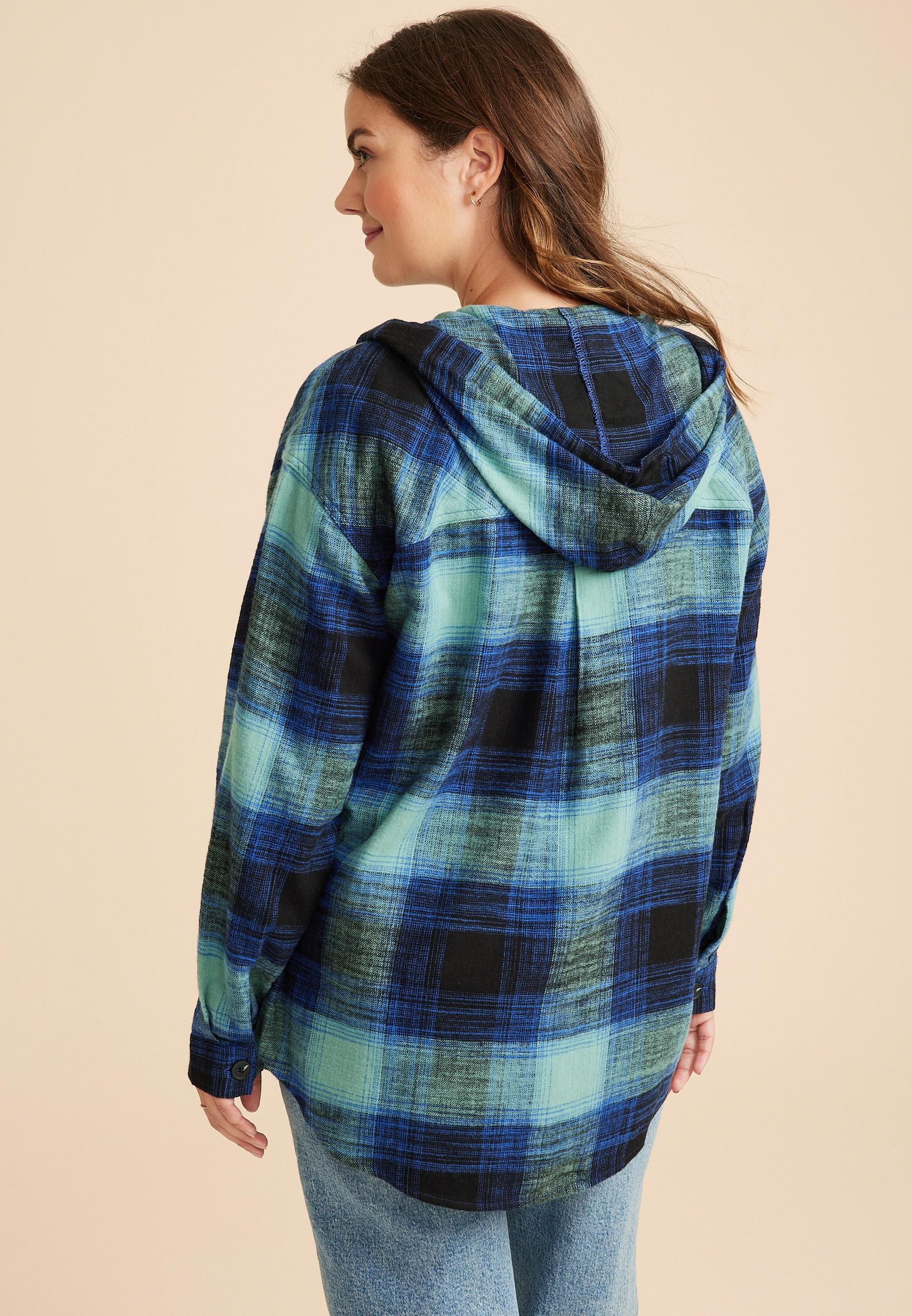 Cabin Plaid Boyfriend Hooded Button Down Shirt Product Image