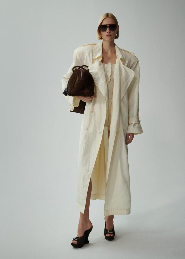 Silk taffeta trench coat in cream Product Image