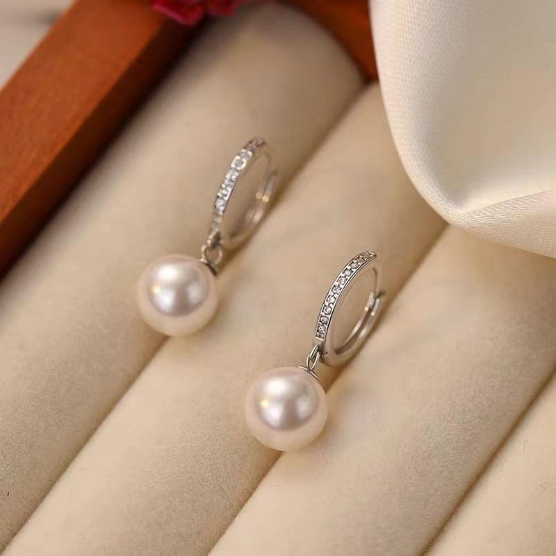 925 Sterling Silver Faux Pearl Rhinestone Hoop Drop Earring product image