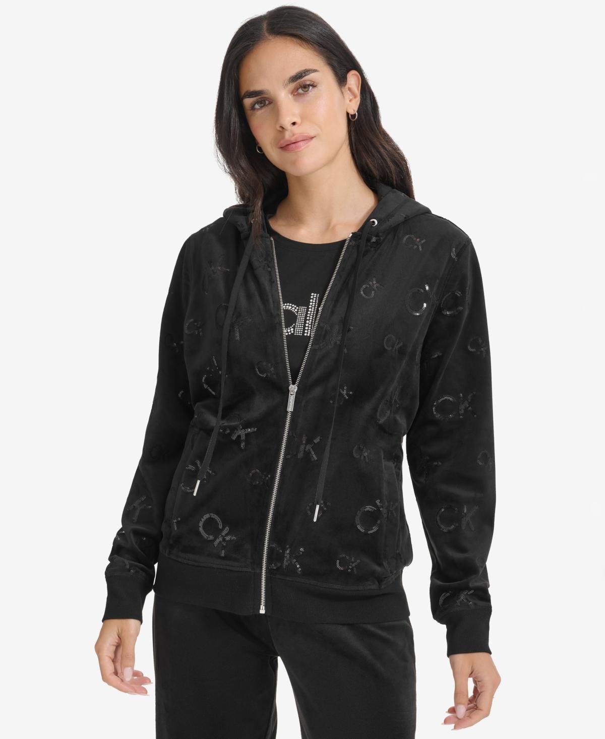 Calvin Klein Womens Sequin-Logo Velour Zip-Front Hoodie Product Image