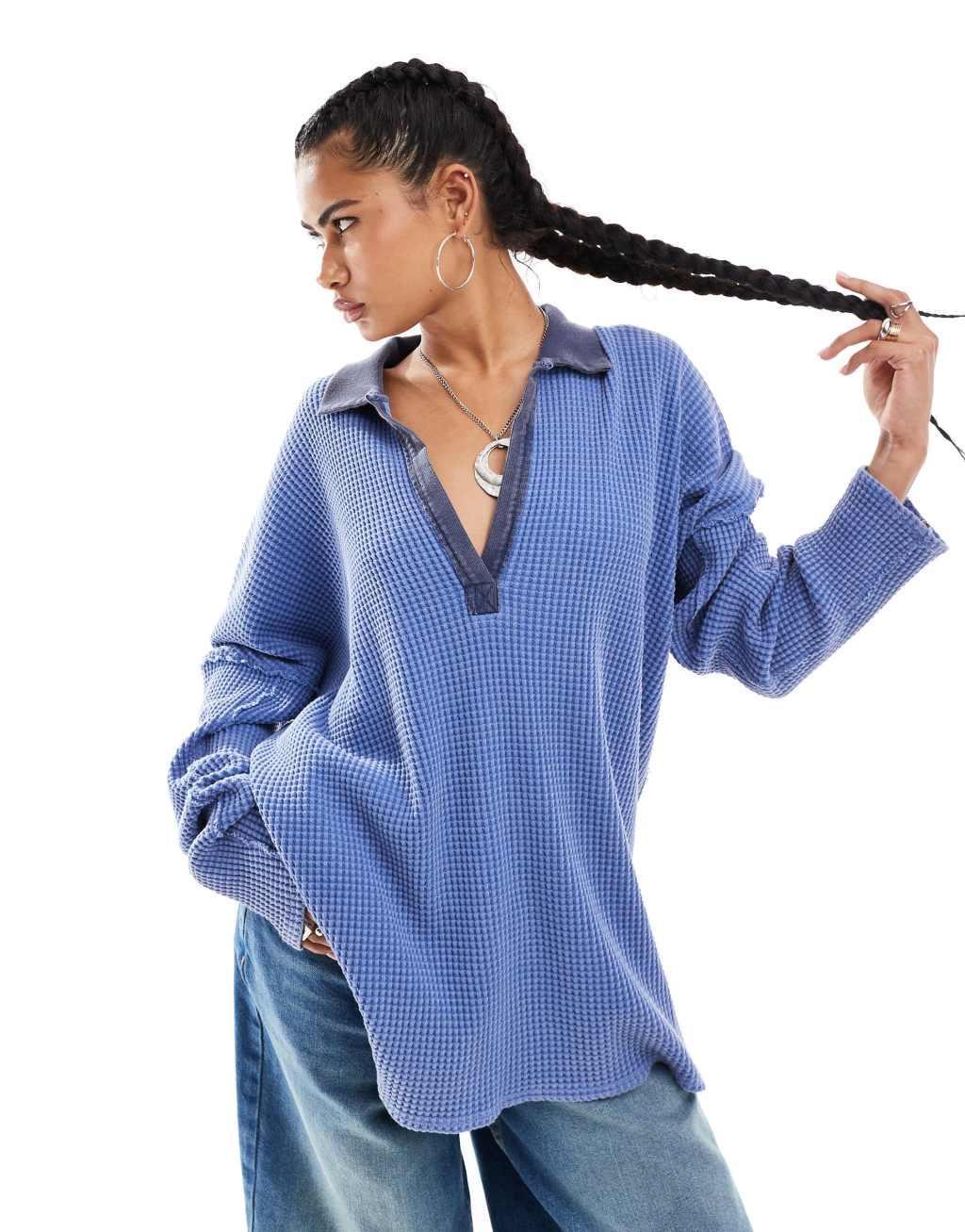 Free People Travis waffle oversized polo shirt in Dutch blue Product Image