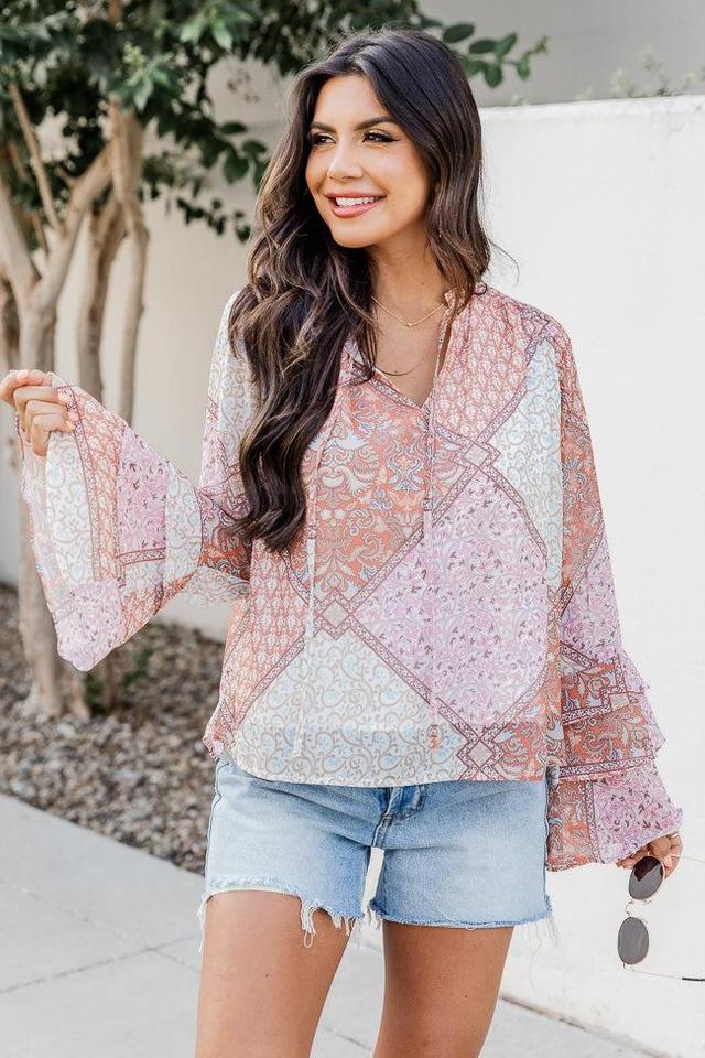 No Goodbyes Pink And Orange Printed Bell Sleeve Blouse FINAL SALE Product Image