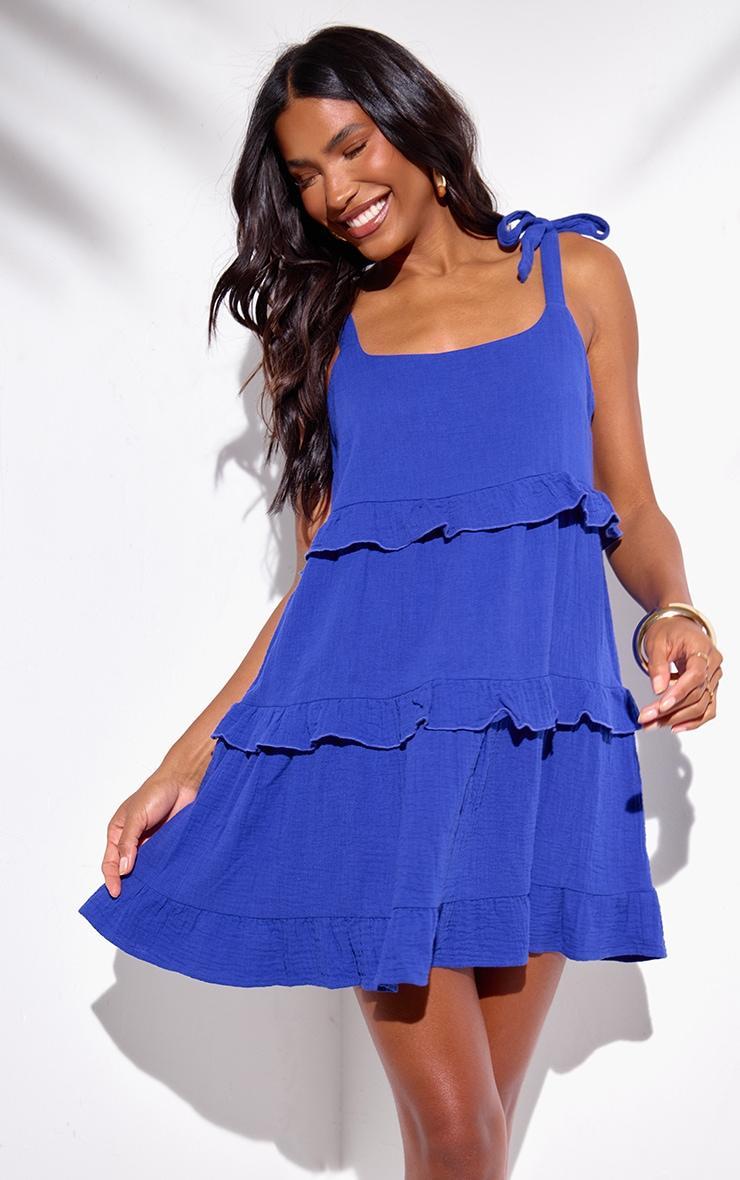 Deep Blue Double Gauze Frill Beach Dress Product Image