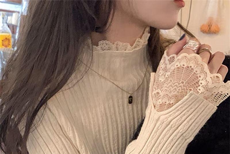 Long Sleeve Mock Neck Plain Lace Trim Ribbed Knitted Top Product Image