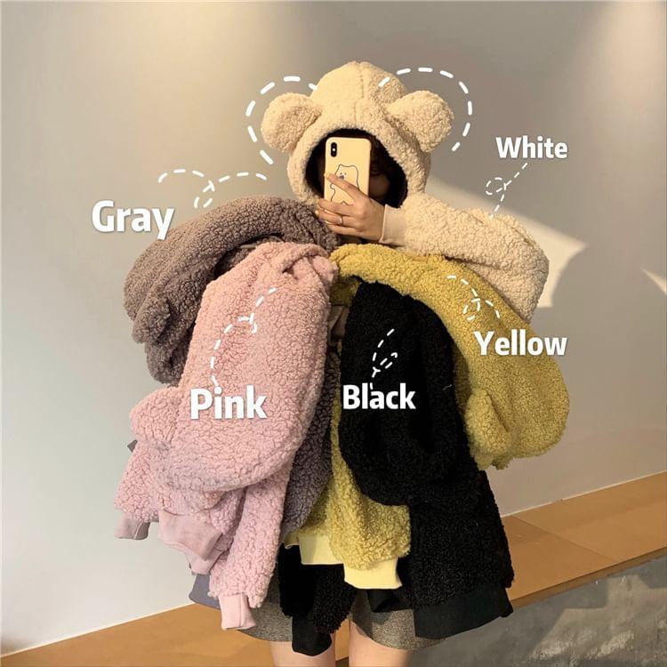 Plain Bear Ear Drawstring Fleece Hoodie Product Image