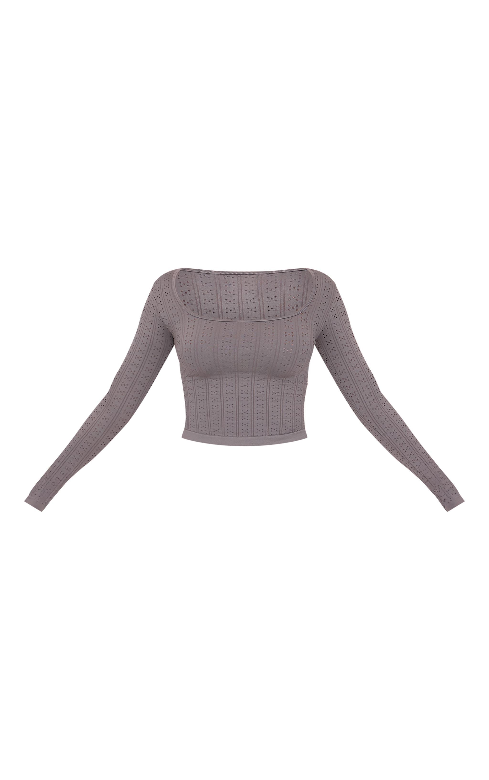 Charcoal Contour Pointelle Square Neck Long Sleeve Top Product Image