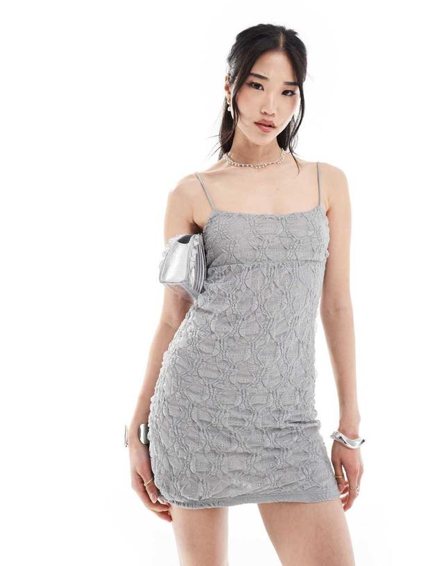 Pull&Bear strappy lace mini dress in gray Product Image