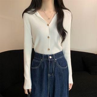 Collar Plain Ribbed Cardigan Product Image