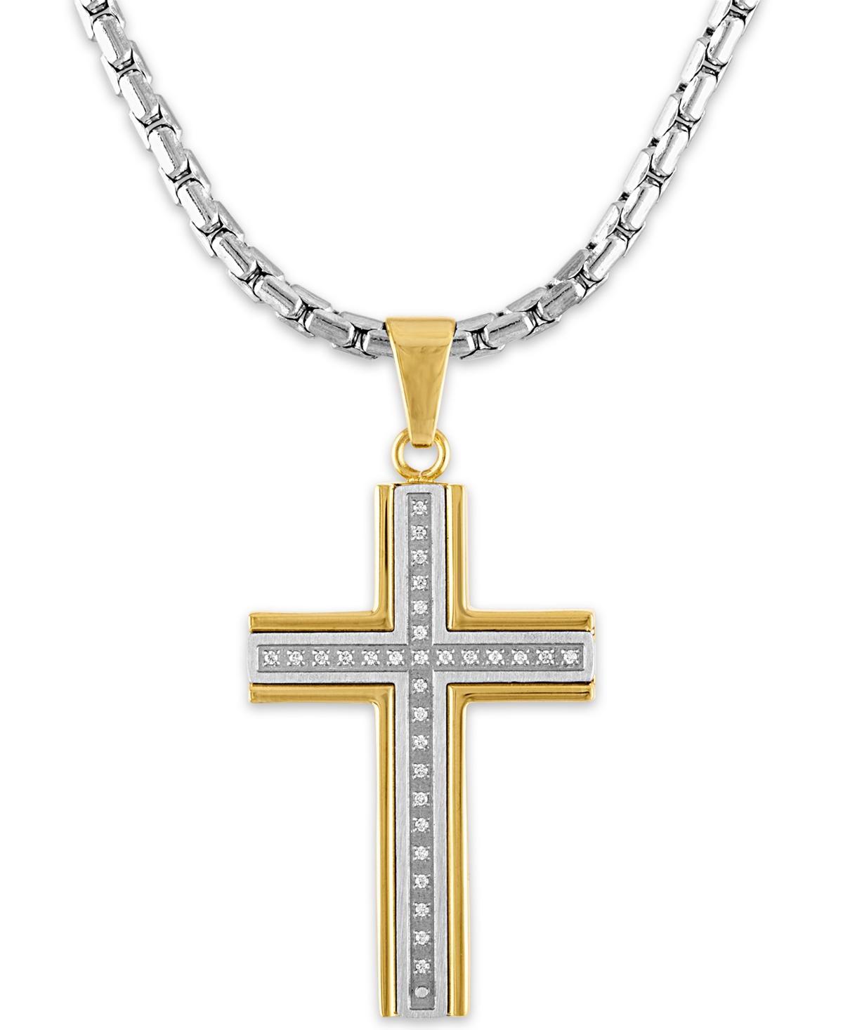 Mens 1/6 Carat Diamond Cross Pendant 22 Chain and Gold Tone Ion Plating - Stainless Steel Product Image