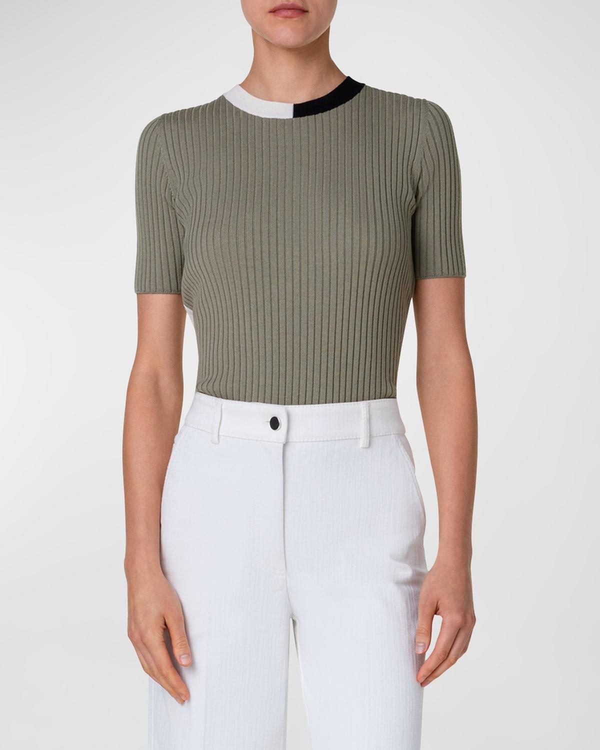 Ribbed Knit Wool Top with Colorblock Collar Product Image