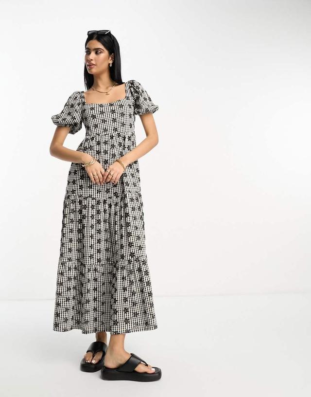 ASOS DESIGN broderie square neck tiered midaxi dress in mono gingham Product Image