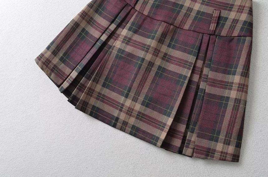 High Rise Plaid Pleated Mini A-Line Skirt Product Image