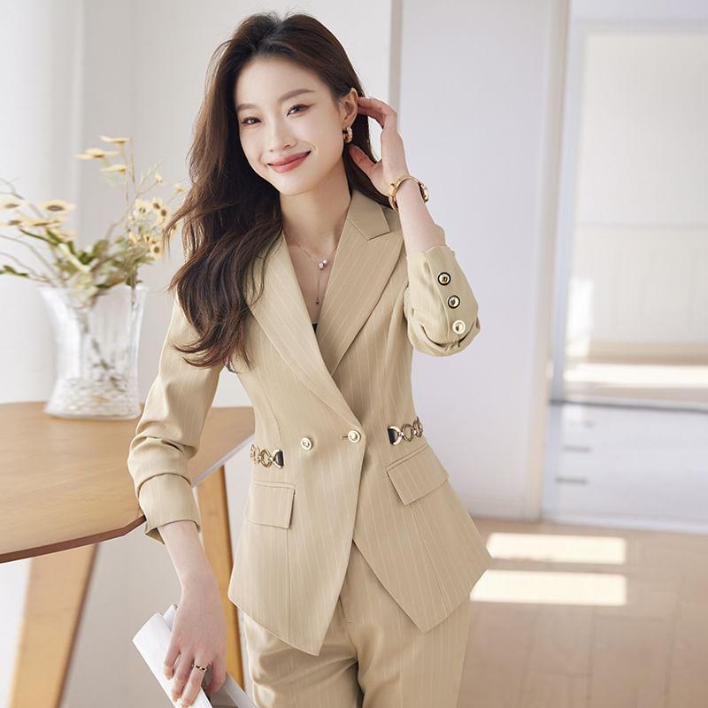 Peak Lapel Striped Double-Breasted Blazer / High Waist Bootcut Suit Pants / Set Product Image