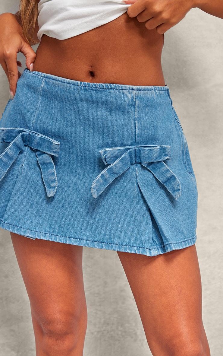 Mid Blue Wash Bow Detail Denim Mini Skirt Product Image