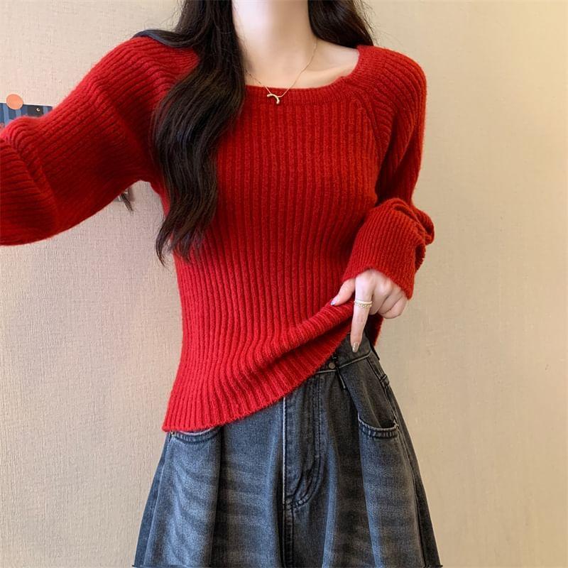 Scoop Neck Plain Ribbed Knit Sweater Product Image