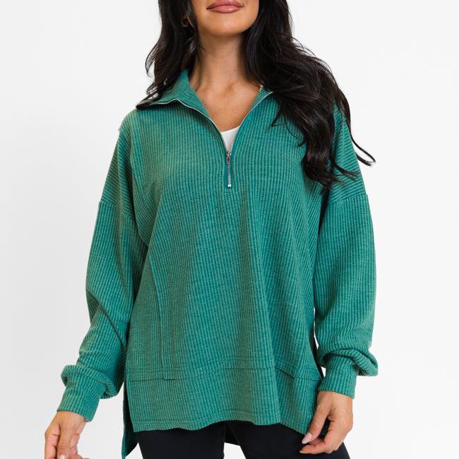 Fireside Festivities Green Ribbed Quarter Zip Pullover product image