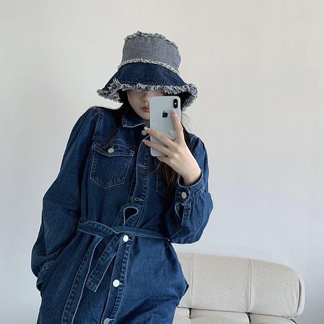 Distressed Washed Denim Bucket Hat Product Image