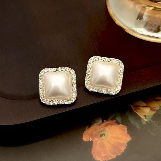 Square Faux Pearl Rhinestone Alloy Stud Earring Product Image