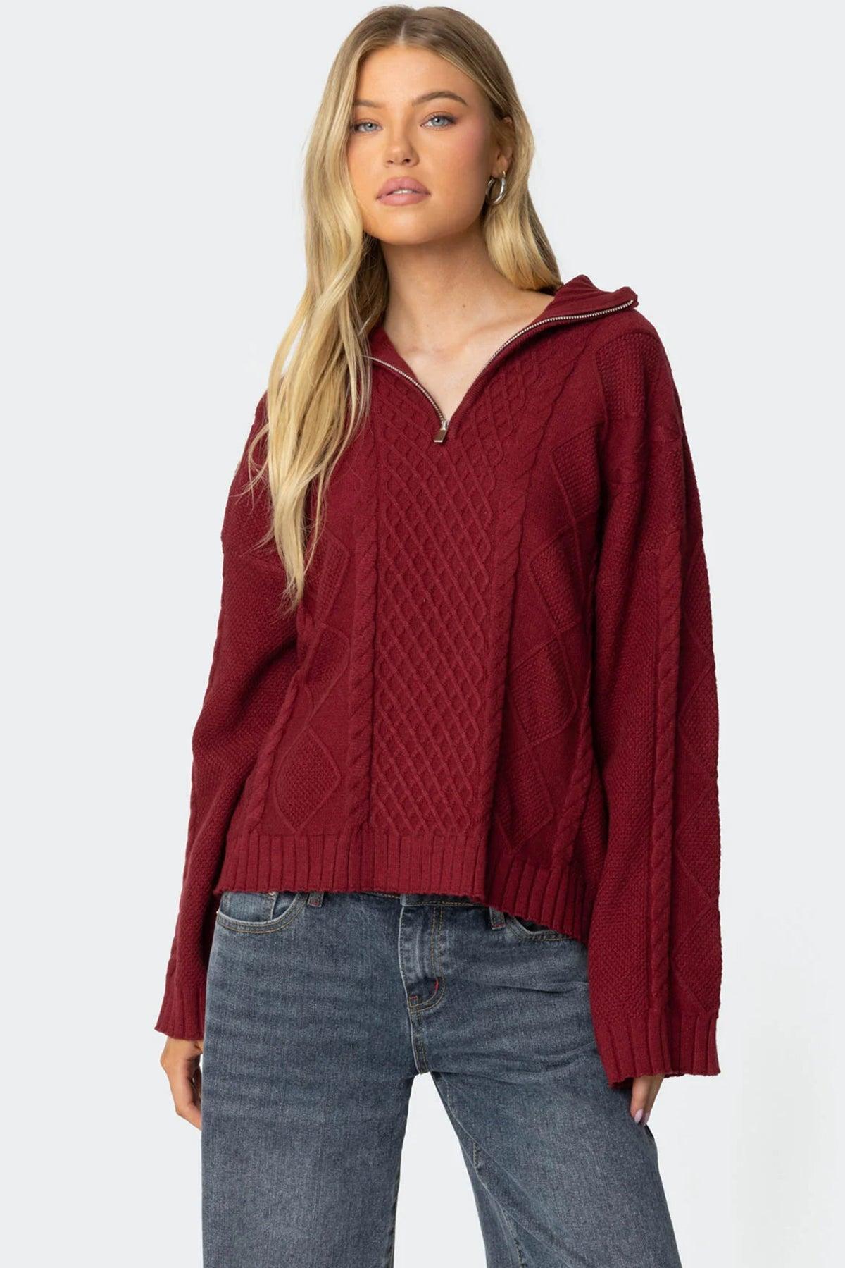 Oversized Quarter Zip Cable Knit Sweater Product Image