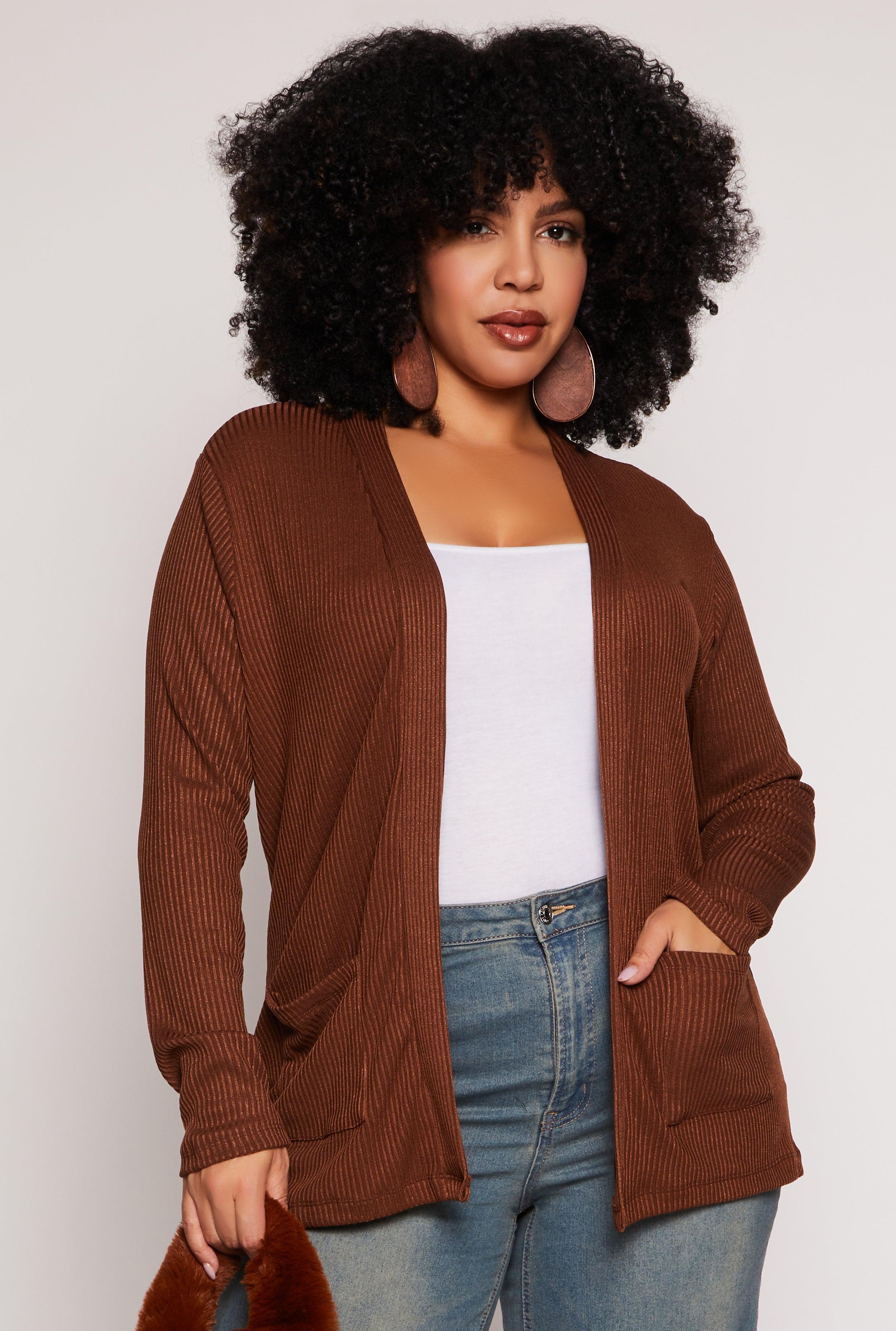 Womens Plus Size Ribbed Knit Open Front Cardigan Product Image