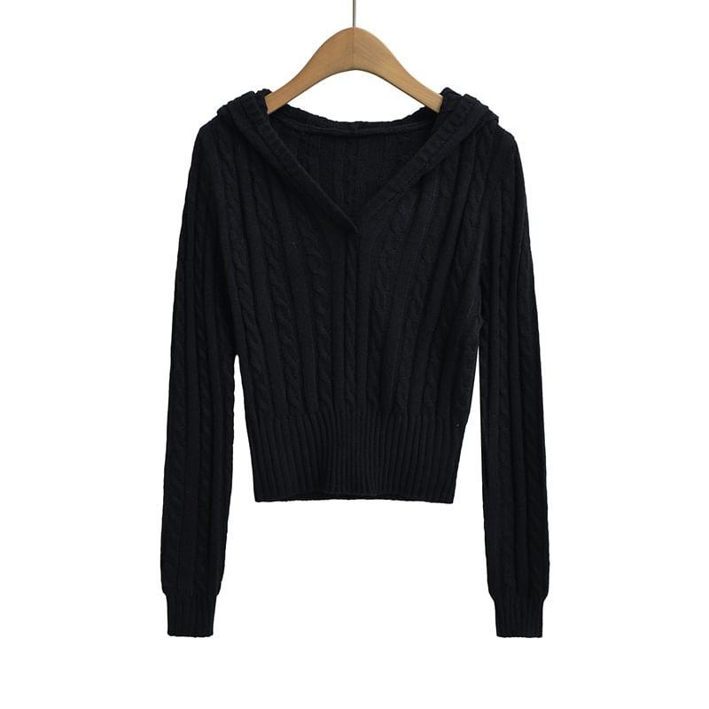 Hooded V-Neck Plain Cable Knit Cropped Sweater Product Image