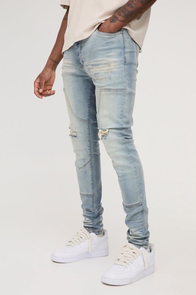 Mens Blue Tall Overdye Skinny Distressed Carpenter Jeans, Blue Product Image